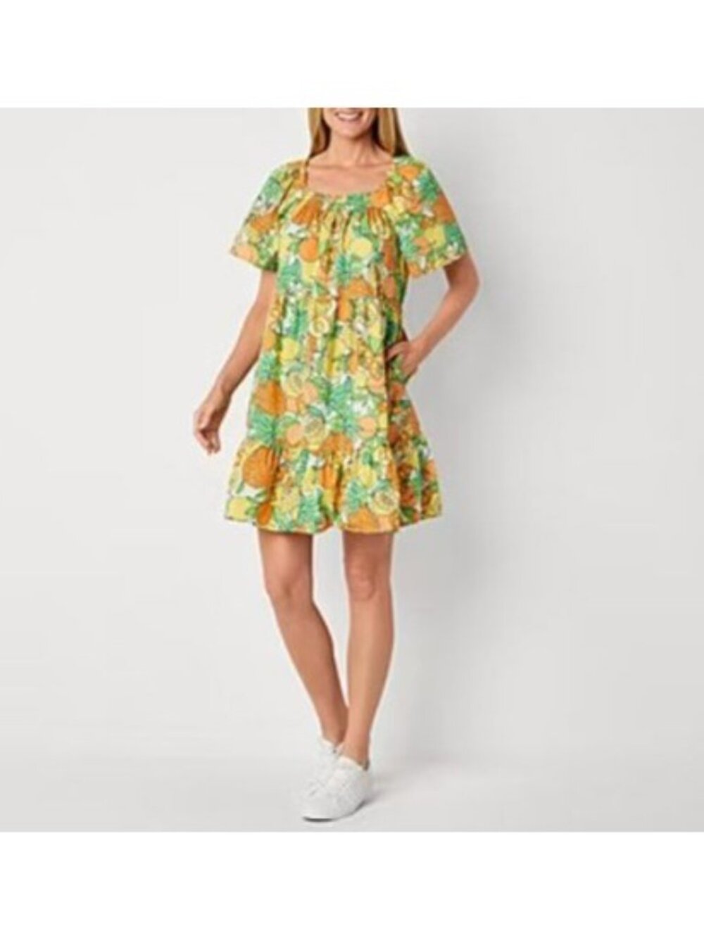 Floral Tiered Short-Sleeve Shift Dress in Yellow-Green